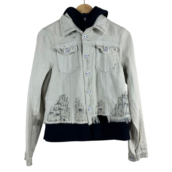 Free People Women's Denim JeanJacket Hooded Distressed Terry Lined Size S‎ - Picture 2 of 12